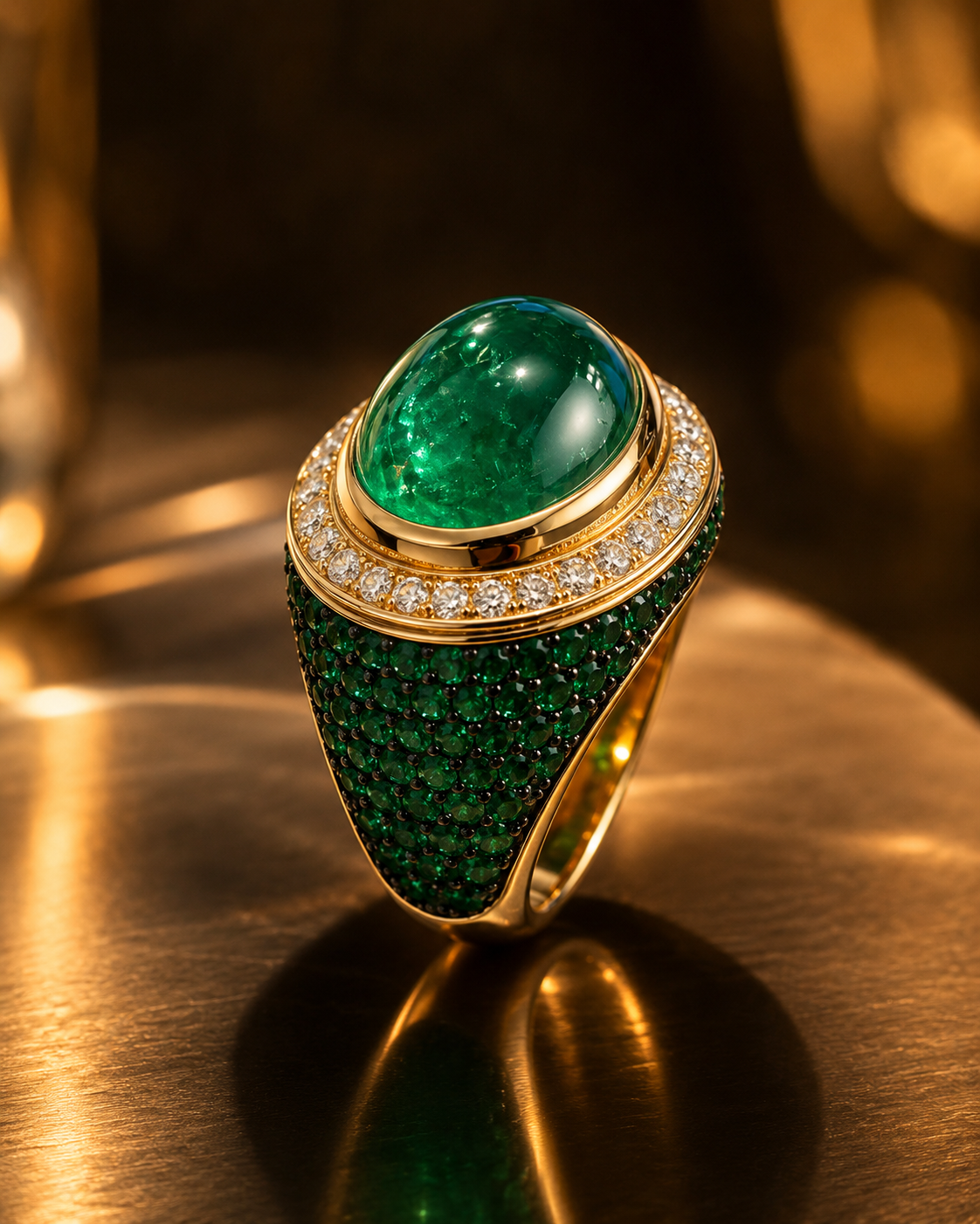 Natural Cabochon Emerald, Columbian, 30 CT, 1.50 CT Natural Diamonds, 5 CT Tsavorite Green  Stones Seti in 18 KT Yellow Gold - Cassuto & Veronese