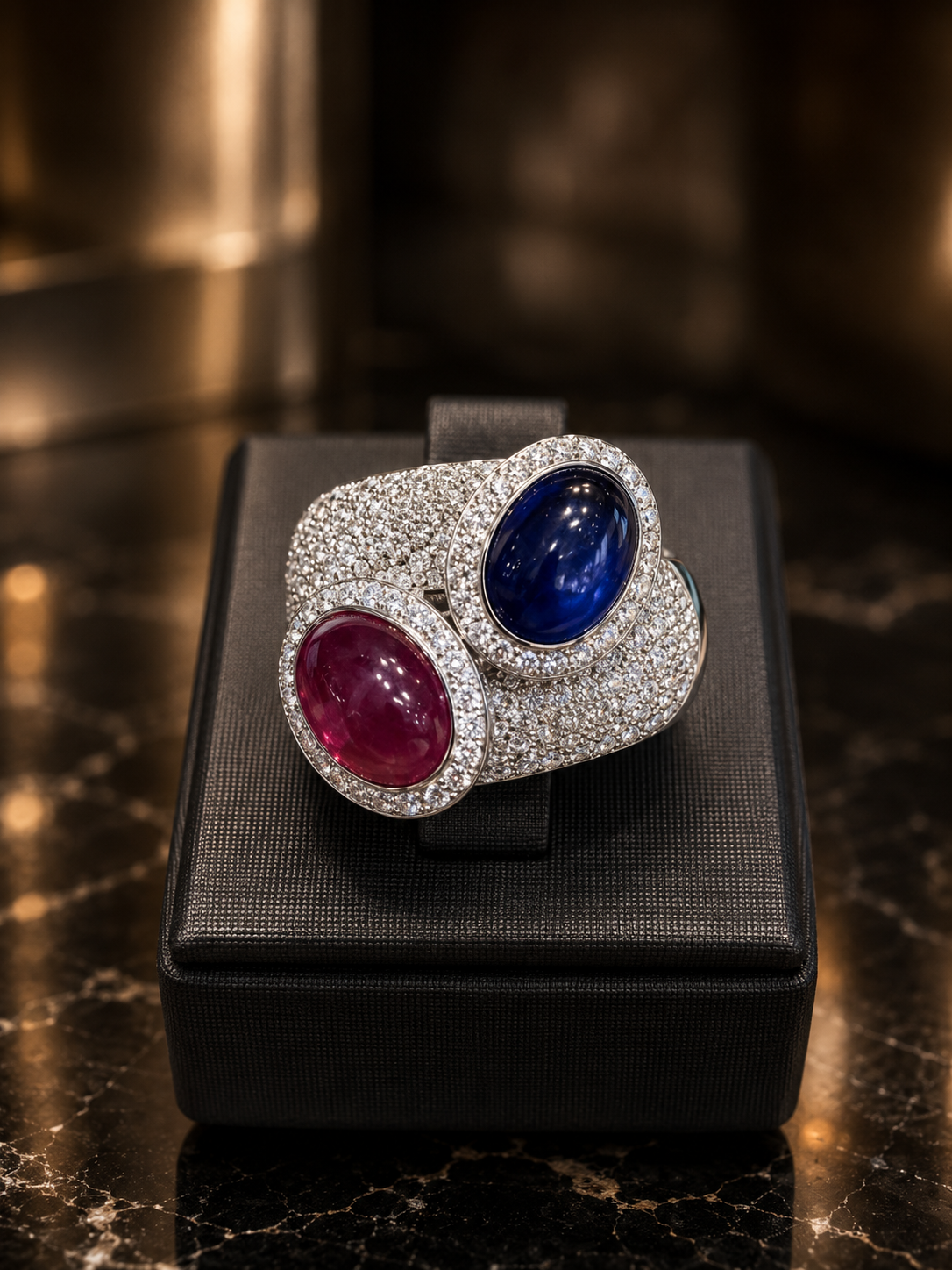 Natural Diamonds 2.0 CT, Natural Ruby 2.40 CT, Natural Safire 2.40 CT, Set in 18 KT White Gold - Cassuto & Veronese