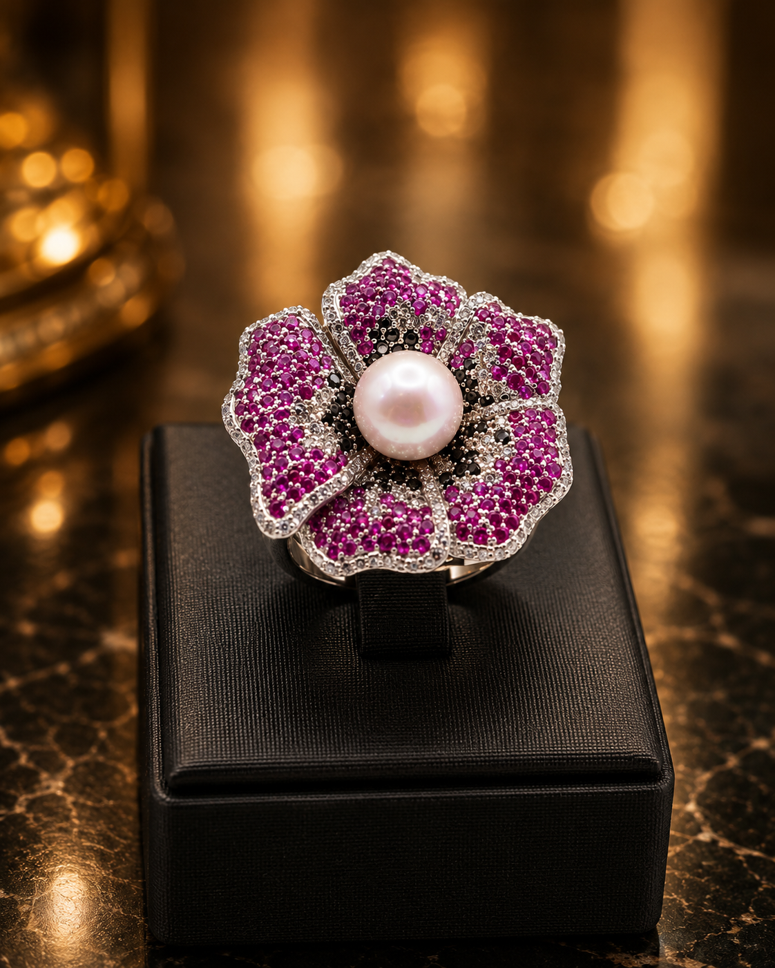 Natural 2 CT Pink Sapphire, 2 CT Natural Diamonds centered with a Rose Pearl, 8MM, set in 18 KT White Gold - Cassuto & Veronese