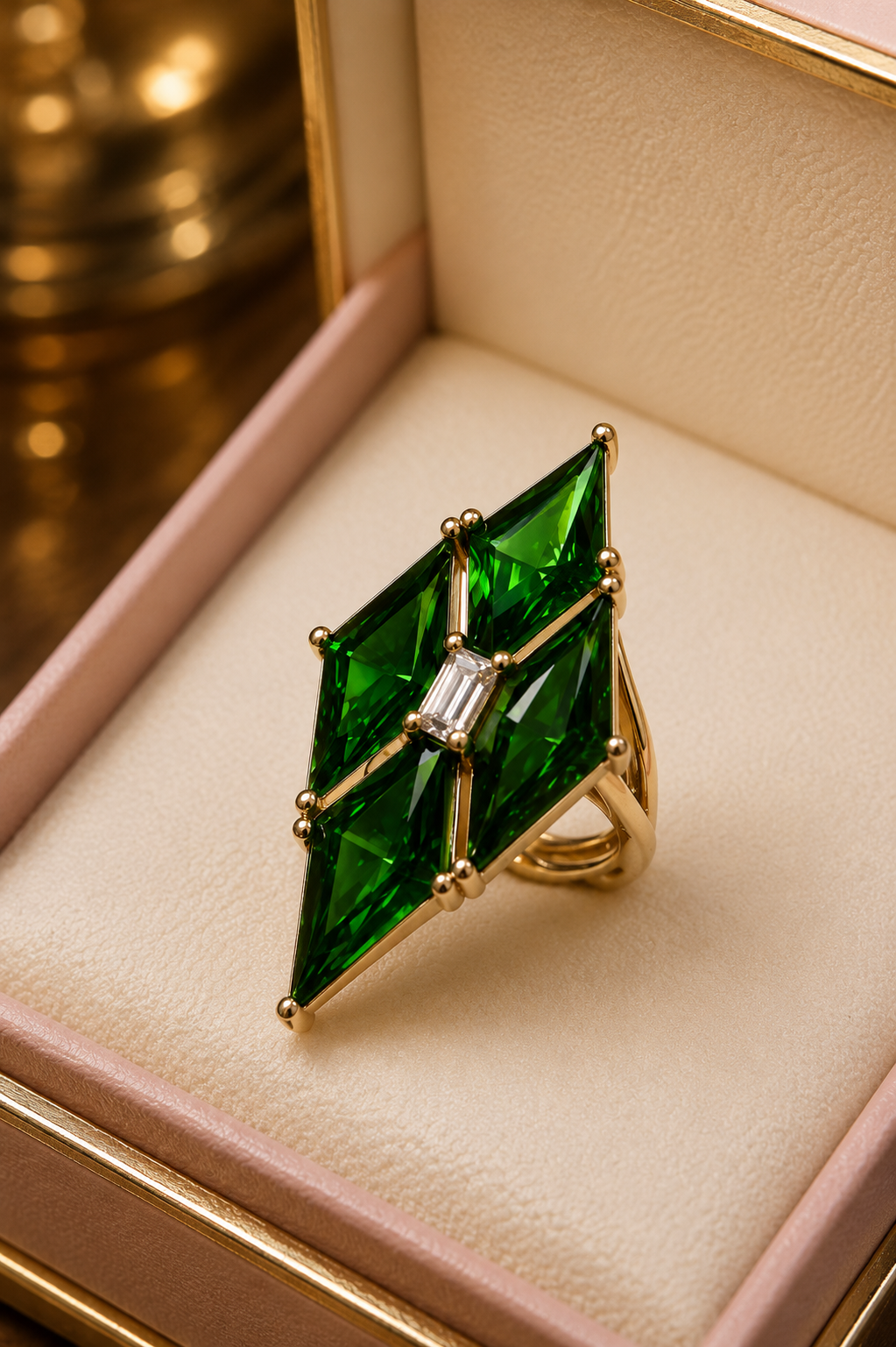 Lab Emerald, Special Cut, 20 CT, Set in Yellow 14 KT Gold - Cassuto & Veronese