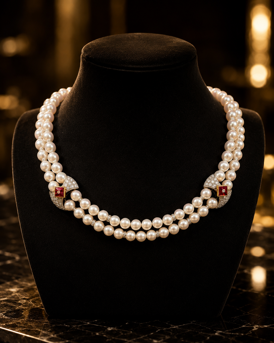 Japanese Pearls, 6MM, encased in 18 KT White Gold and Natural Diamonds 2.60 CT, 1.0 CT Natural Rubies. - Cassuto & Veronese