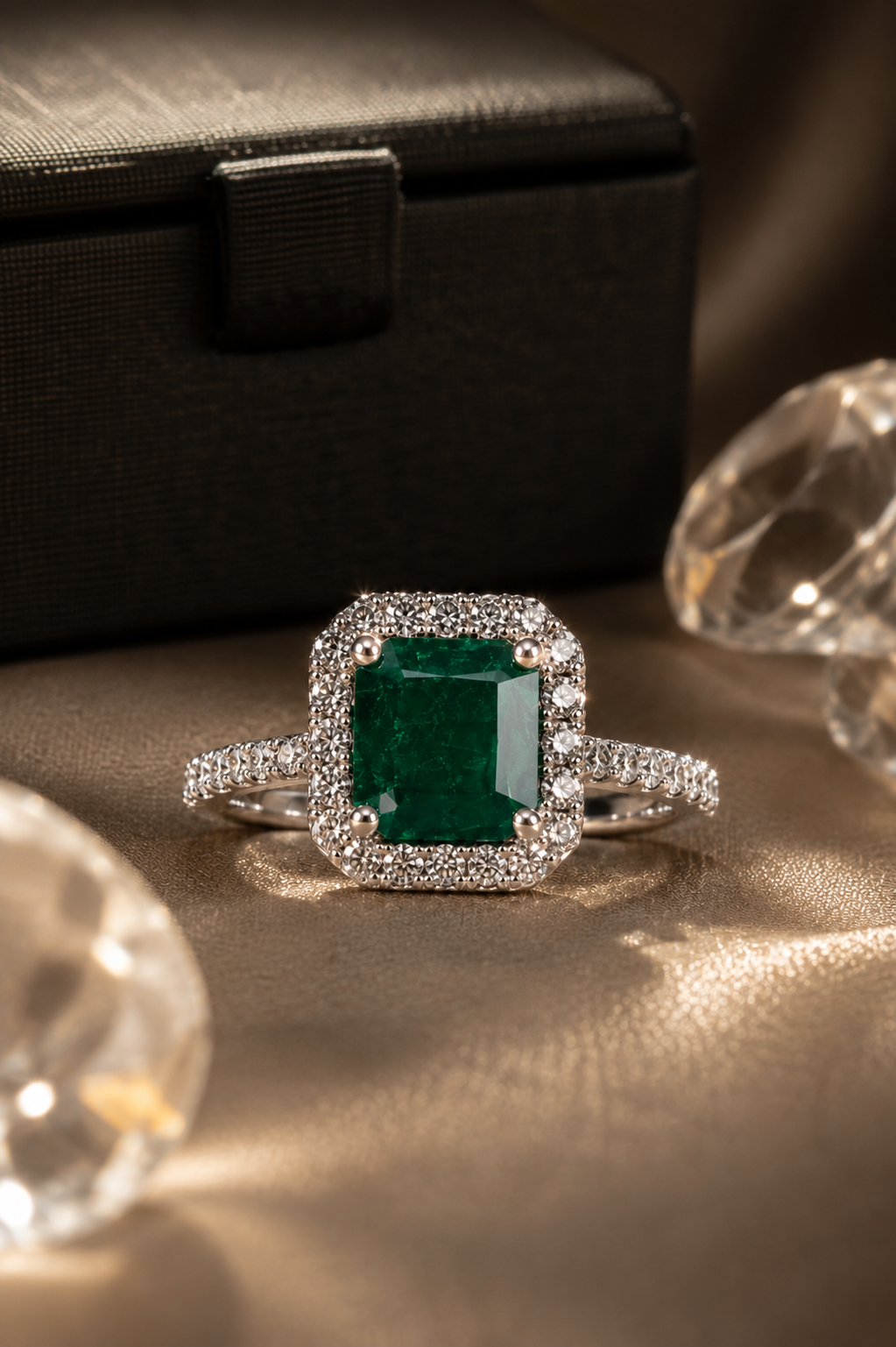 0.20 CT Natural Emerald Ring w/ Diamond Accents, Set in 14 KT White Gold